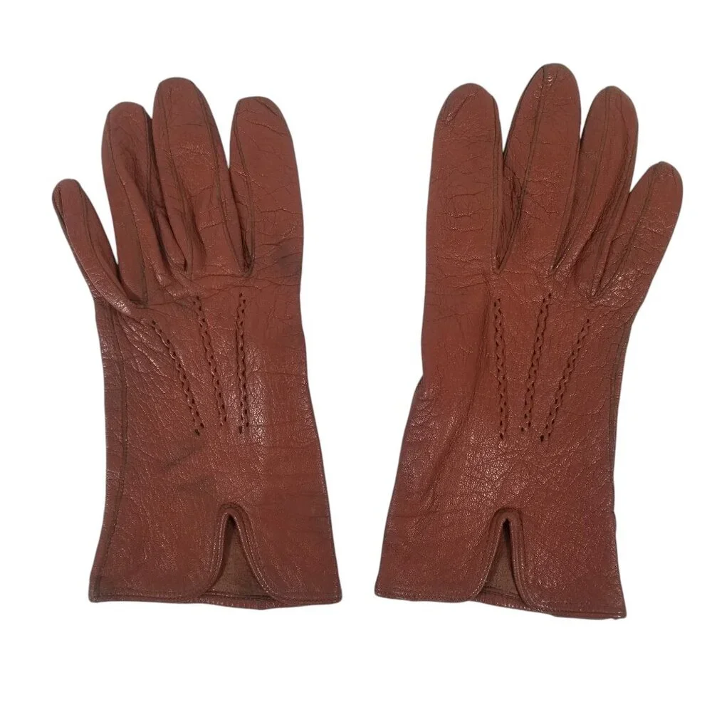 Vintage Leather Driving Gloves Soft Amber Kid Wrist Length Size 7